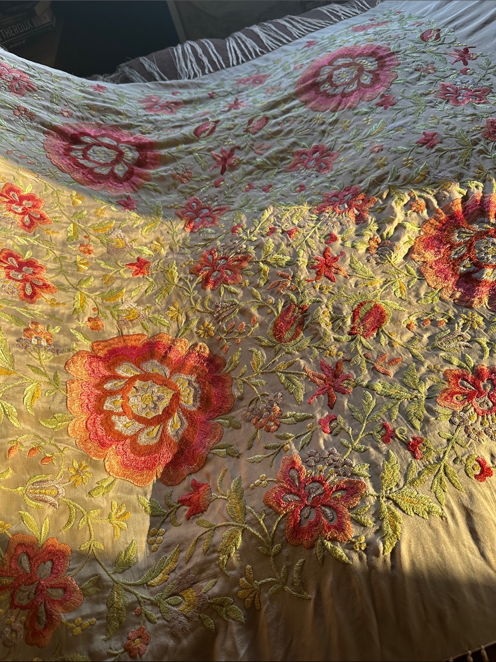 Vintage Silk Piano Shawl Hand-Embroidered Floral in Pale Pink- hot pink flowers - Picture 12 of 16